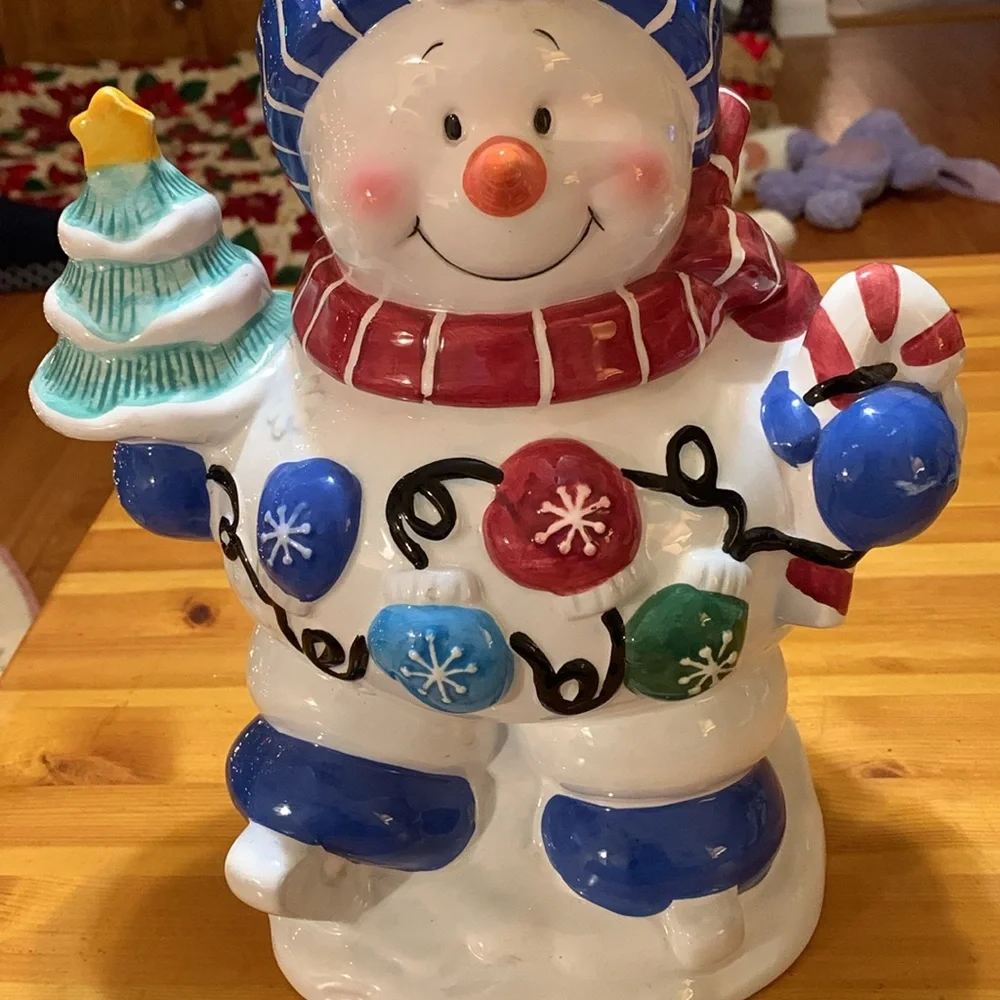 Vintage Houston Harvest, Snowman cookie jar, Blue Willow, EUC